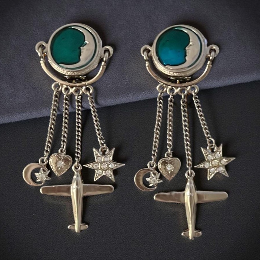 Vintage Silver Plated Cosmos Moon Teal Enamel Swivel Dangle Chain Charm Earrings